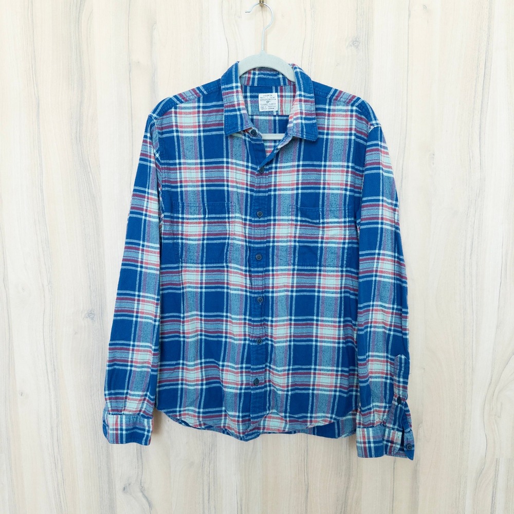 Vintage J.Crew Mens Flannel Slim Fit Button Down Shirt L Blue Plaid Long Sleeve